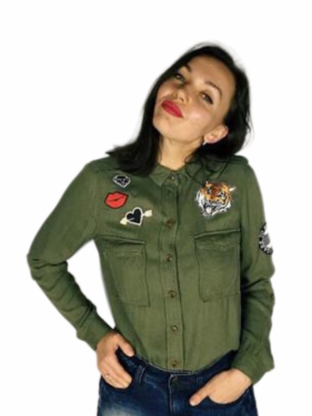 NWOT H&M Olive Green Size 14 Utility Shirt with Decorative Patches